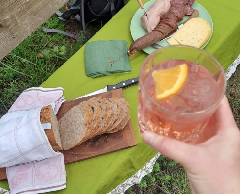 Picknick mit Brot, Wurst, Käse und Gin Tonic