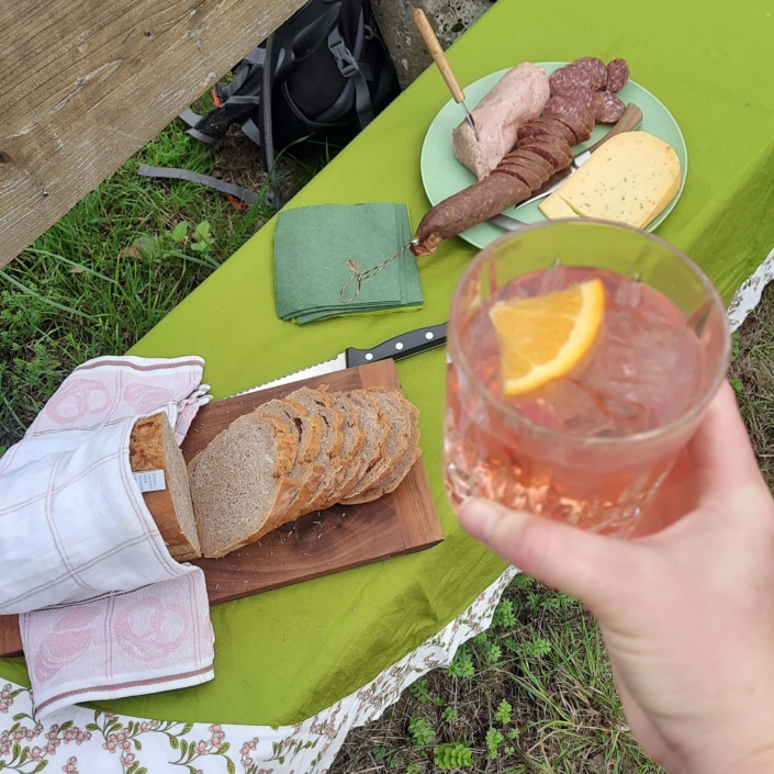 Picknick mit Brot, Wurst, Käse und Gin Tonic