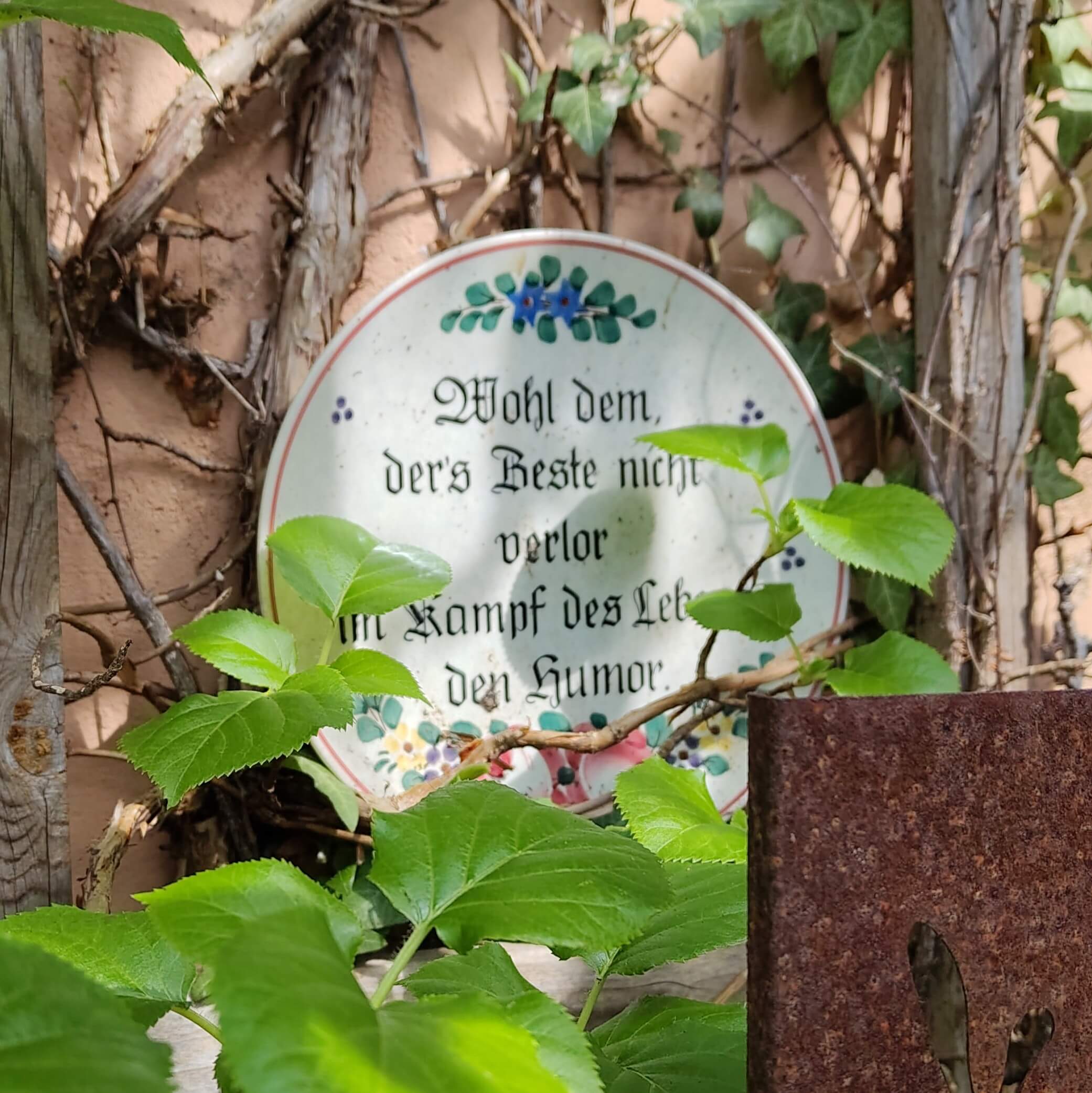 Dekoteller zwischen Blättern mit der Aufschrift: "Wohl dem ders Beste nicht verlor im Kampf des Lebens den Humor"